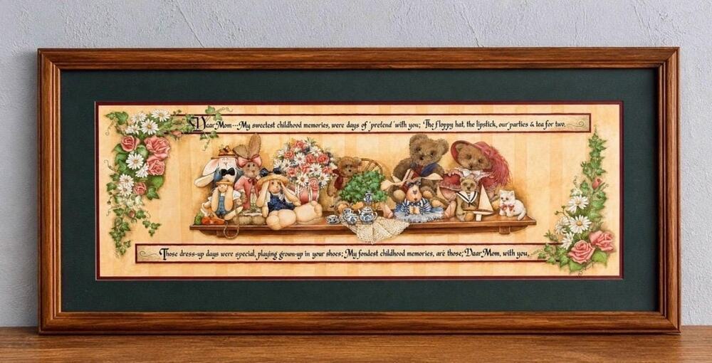 Vintage Home Interiors Dear Mom Framed Print Teddy Bears Rabbits Wall Art 1990s